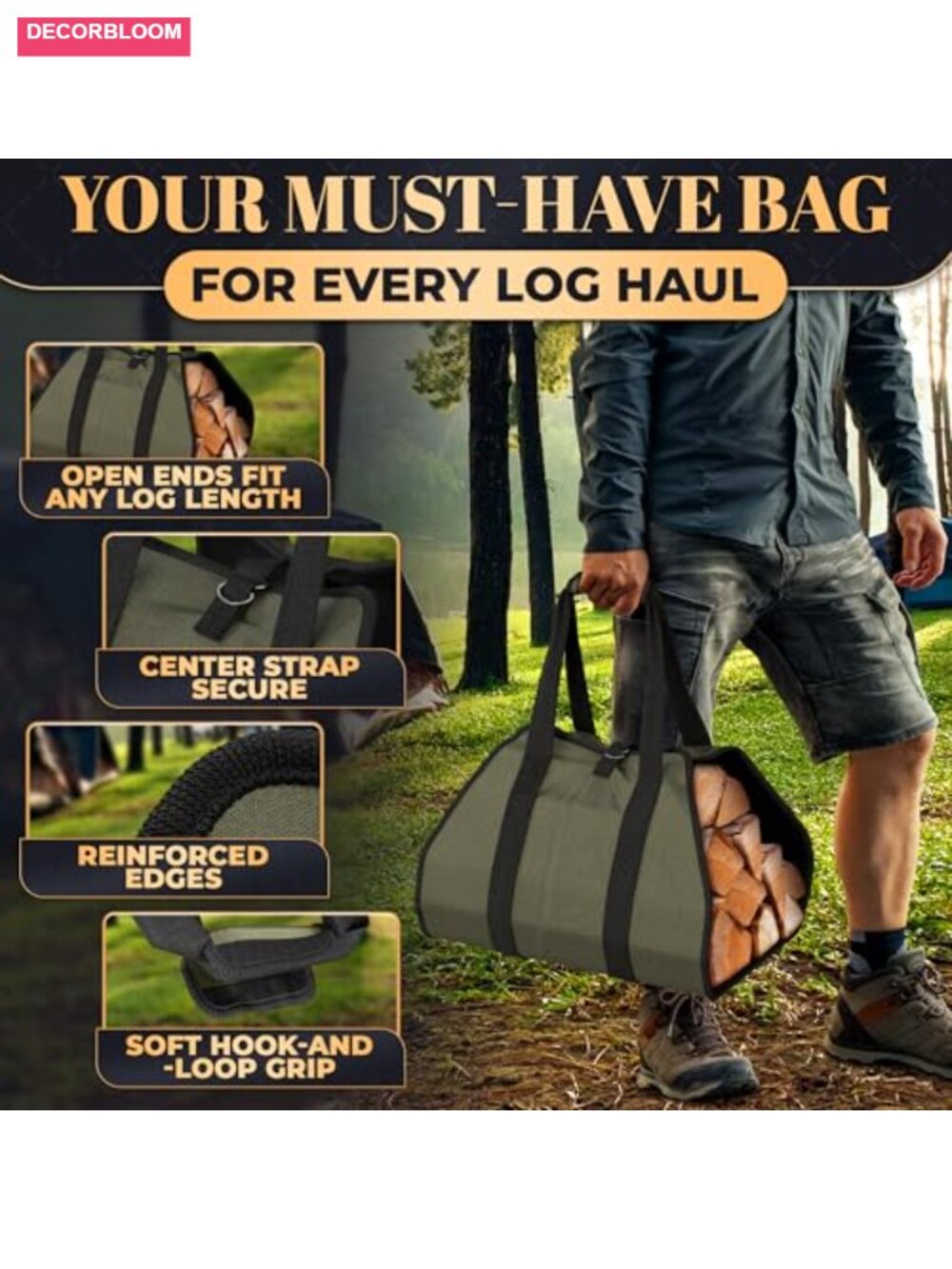 Waxed Canvas Firewood Log Carrier Tote Water-Resistant Foldable - Picture 4 of 5